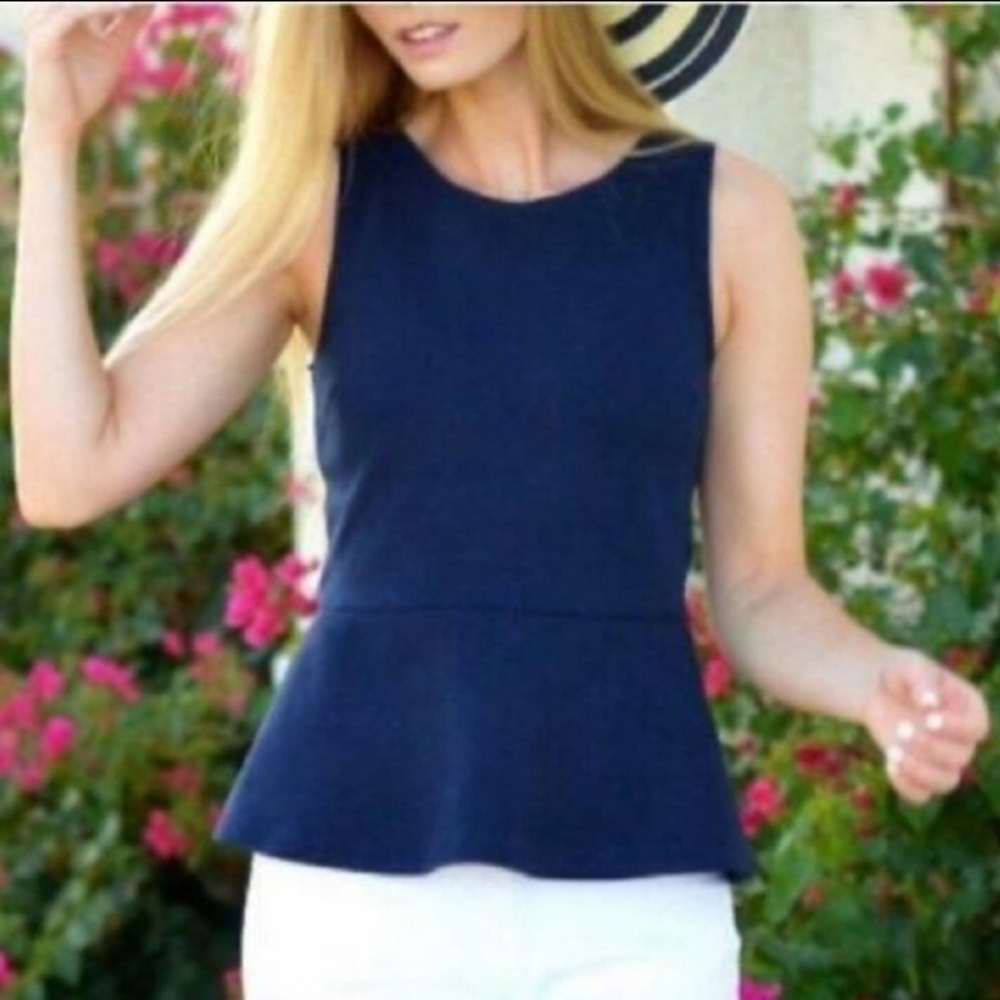NWOT J.crew Navy Blue Ponte Sleevess Zip back Stretch Peplum Top | sz Small